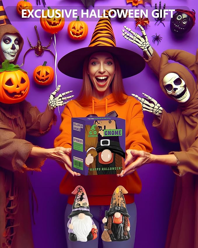 Halloween Gnomes and Witch Figurines - 2Pack Lights Up Fall Gnome - 4.5'' Resin Indoor Halloween Decor for Women (Gnomes)
