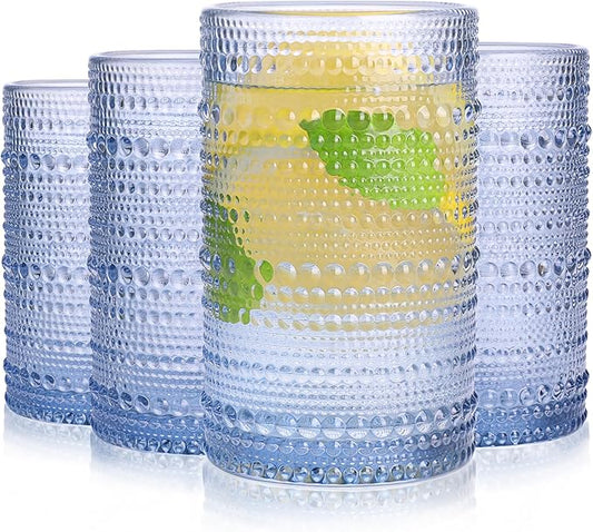 Blue Hobnail Glasses Drinking Set of 4, 12 oz Cocktail Glasses, Blue Vintage Glassware for Beer, Cocktail, Soda, Juice, Coffee and Various Mixed Drinks