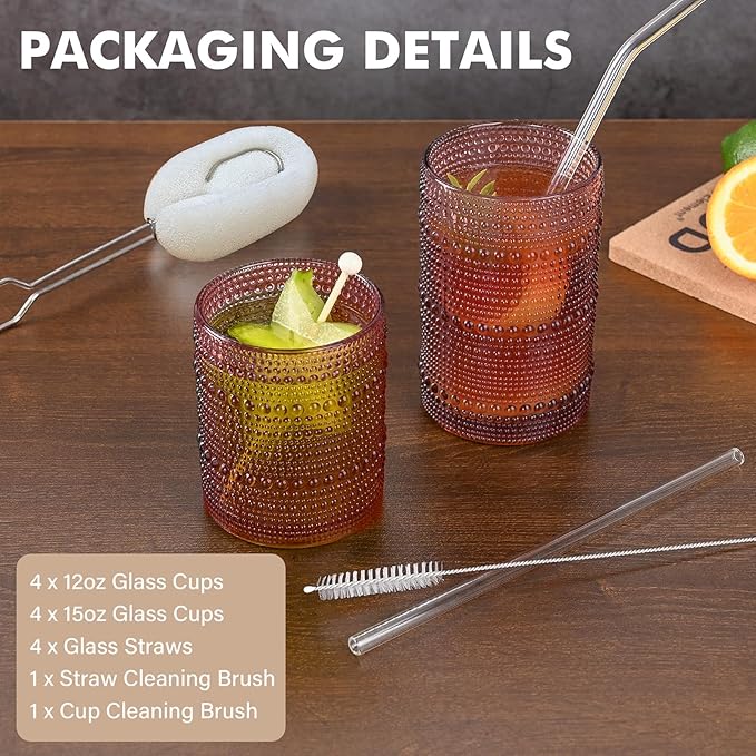 Vintage Hobnail Drinking Glasses Set of 8,Purple 12 oz & 15oz Highball Glass Cups, Kitchen Drinkware Glassware