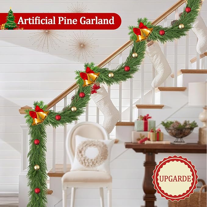 9FT Christmas Norfolk Pine Garland with Eucalyptus Real Touch Faux Greenery Garland Realistic Artificial Christmas Winter Holiday Decor Indoor Outdoor for Xmas Mantle,Stairs,Window,Fireplace