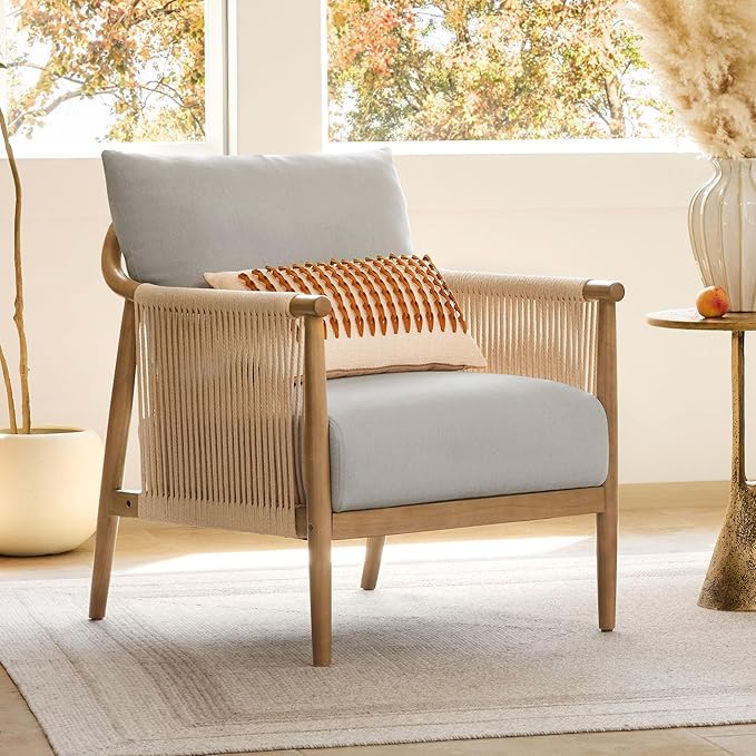 CHITA Braid Accent Chair, Modern Armchair with Solid Wooden Armrest for Living Room and Bedroom, Boho Reading Chair, Light Grey