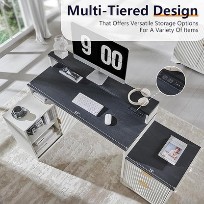 JXQTLINGMU 67" Modern L Shaped Desk with Storage Cabinet & Drawers, Wood Home Office Desk with Power Outlets, Fluted Computer Writing Desk, Antique White