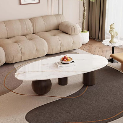 Small Oval Coffee Table, Mid Century Vintage Coffee Table for Living Room White Center Minimalist End Table with Marble Top and Wooden Finished Metal Base