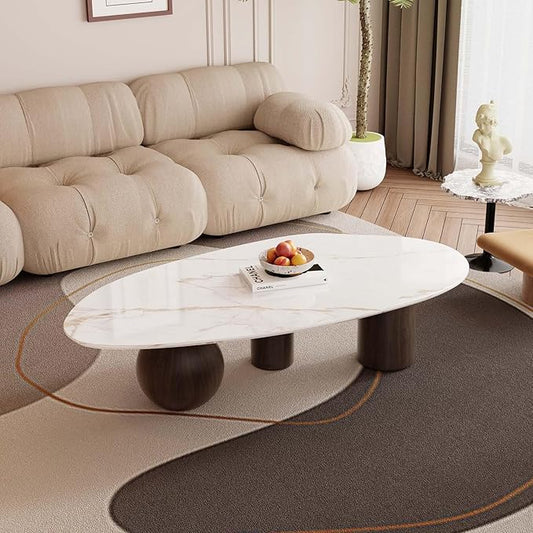 Small Oval Coffee Table, Mid Century Vintage Coffee Table for Living Room White Center Minimalist End Table with Marble Top and Wooden Finished Metal Base