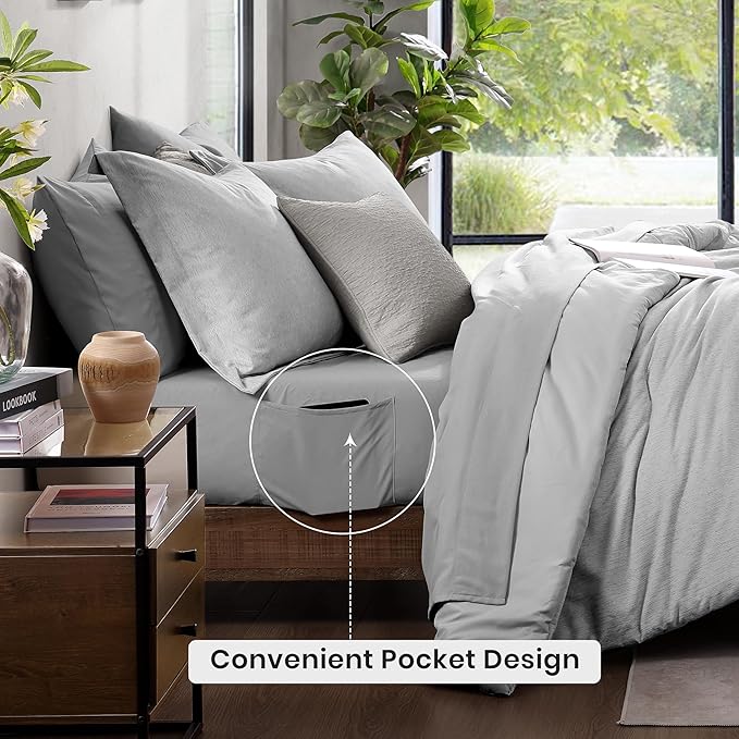 Monbix King Size Comforter Set, Grey Bed Set Reversible, King Size Comforter Set 7 Pieces, Cationic Dyeing Bed in a Bag with Comforter, Sheets, Pillowcases & Shams