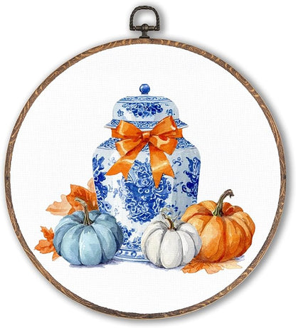 Hxlac Chinoiserie Pumpkin Fall Round Wall Art Framed, Blue and White Porcelain Pumpkin Round Wall Decor, Coquette Bow Chinoiserie Hanging Canvas Prints Wall Sculptures for Home Room Decor, 10x10 Inch
