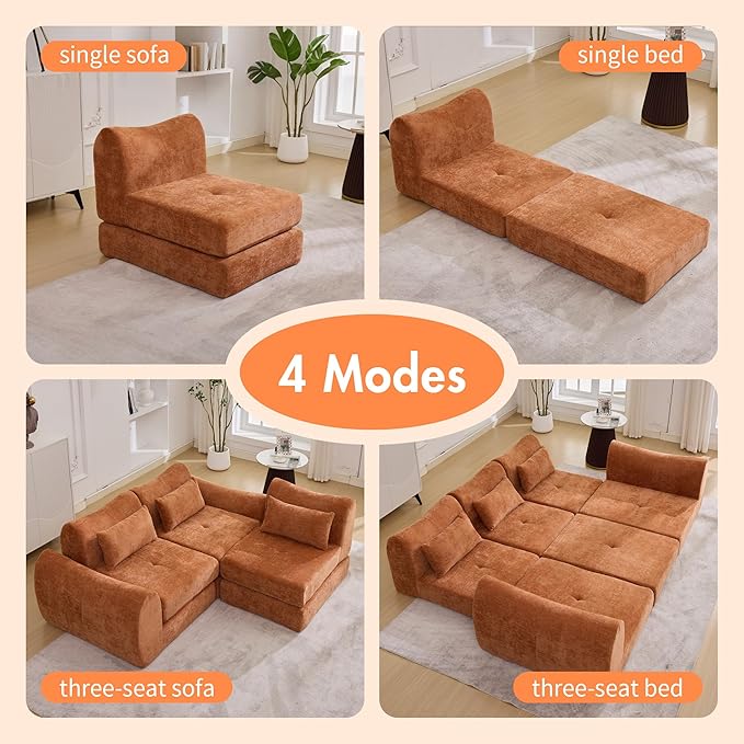 101.6" Modular Sectional Cloud Sofa,Floor Boneless Couch, 4-in-1 Folding Convertible Sofa Bed, Modular Cushion Couch,Suitable for Living Room,Bedroom and Recreation Room (Orange)