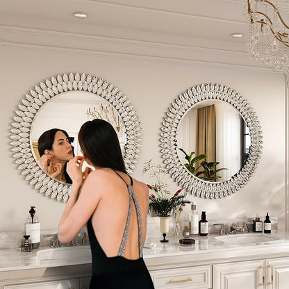 Kelly Miller Round Jeweled Mirror for Wall Decor, 26 in Modern Decorative Wall Mirror with Luxury Diamonds Beveled Vanity Mirror for Bedroom Dresser, Living Room Table, Bathroom, Hallway, Entryway