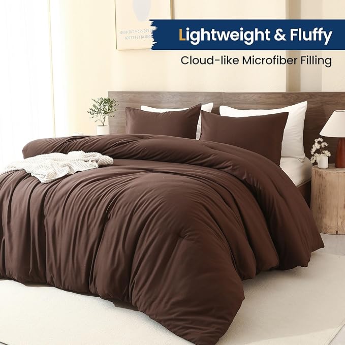 Paxrac Earthy Brown Comforter Full Size, Neutral 3 Pieces Comforter Set, Lightweight Solid Bedding Set, All Seasons Soft Fluffy Full Comforter Set (80x90In Comforter & 2 Pillowcases)