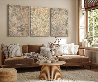 Vintage Flower Wall Art Decor Beige Floral Canvas Wall Art Botanical Rustic Pictures Prints Farmhouse Antique Painting Vintage Flower Poster for Living Room Bedroom 12x16 Inch Wrapped Canvas Set of 3