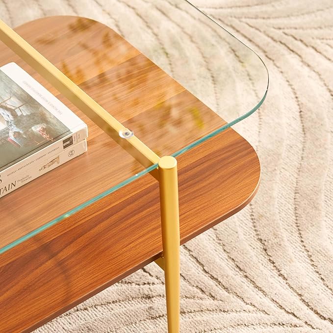 AGV LIGHTING Tadio Large Glass Coffee Table, Mid-Century Modern Coffee Table for Living Room, Gold Finish Leg, Clear Glass Top & Walnut Brown Shelf, 47 in Rrounded Corners