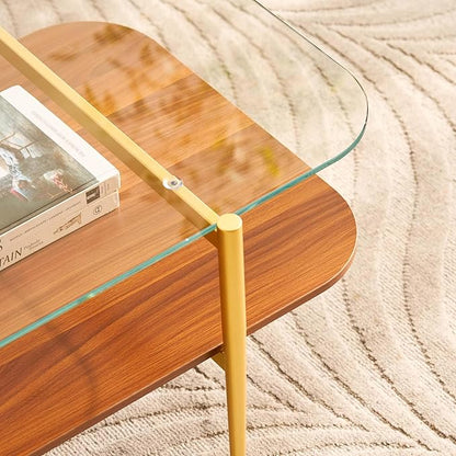 AGV LIGHTING Tadio Large Glass Coffee Table, Mid-Century Modern Coffee Table for Living Room, Gold Finish Leg, Clear Glass Top & Walnut Brown Shelf, 47 in Rrounded Corners