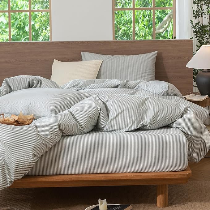 MooMee Striped Duvet Cover Set 100% Washed Cotton Linen Like Textured Breathable Durable Soft Comfy (Heathered Green Pinstripes, Oversized Full 82"x86")