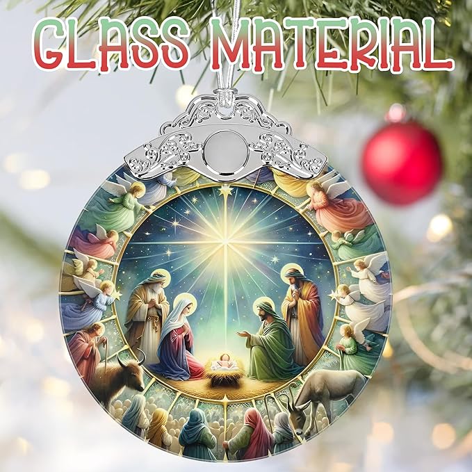 Nativity Christmas Ornament, 3" Stained Glass Christmas Decor, Nativity Ornaments for Christmas Tree, Christian Gifts for Kids, Religious Gifts for Women, Perfect for Holiday Party, Window, Tree