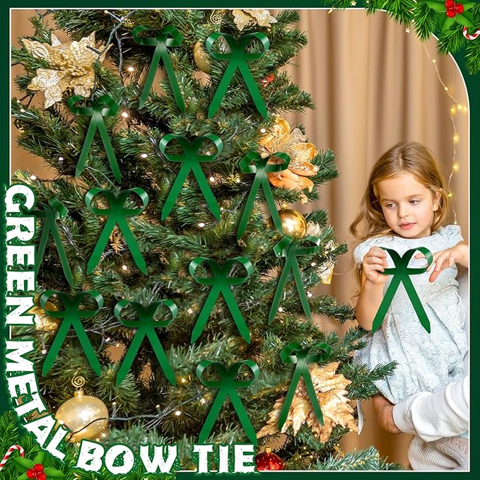 12 Pcs 2025 Metal Christmas Bow Ornaments for Christmas Tree Garland Wreath Bulk Bow with Clip Ornament Vintage Indoor Outdoor Home Xmas Party Decorations, 4 x 5 Inches (Green)