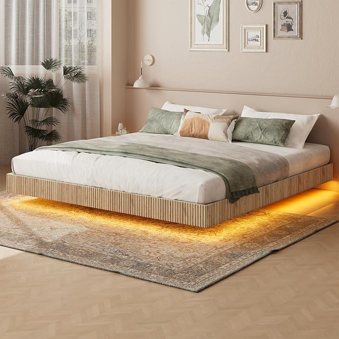 Evermagin Natural King Floating Bed Frame with led Lights, Bohemia Fluted Floating Platform Bed No Headboard, Heavy Duty Metal Float Bedframe No Box Spring Needed