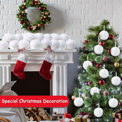 24 Pcs White Furry Christmas Ball Ornaments for Tree 3.94 Inches Large Pom Pom Ball Christmas Hanging Decoration for Party Supplies Fireplace Mantel Wall Decor