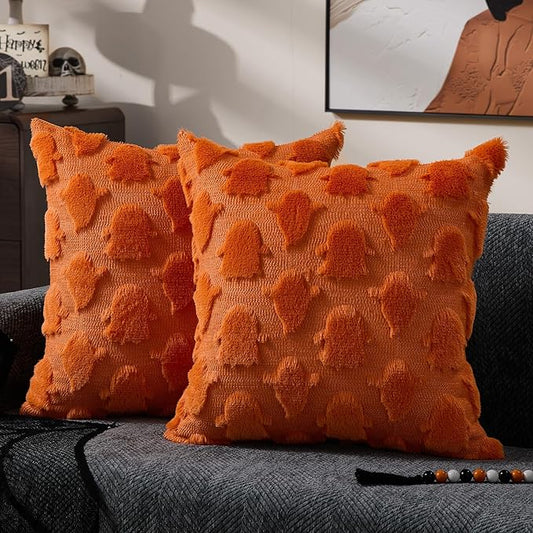 DFXSZ Halloween Pillow Covers 18x18 inch Set of 2 Orange Ghost Throw Pillow Cases Soft Plush Faux Fur Wool Cushion Case for Chair Bedroom Living Room Home Decor PTK03S18