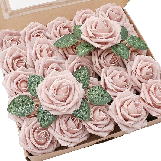 Floroom Artificial Flowers 25pcs Real Looking Shabby Blush Foam Fake Roses with Stems for DIY Wedding Bouquets Bridal Shower Centerpieces Floral Arrangements Party Tables Home Decorations