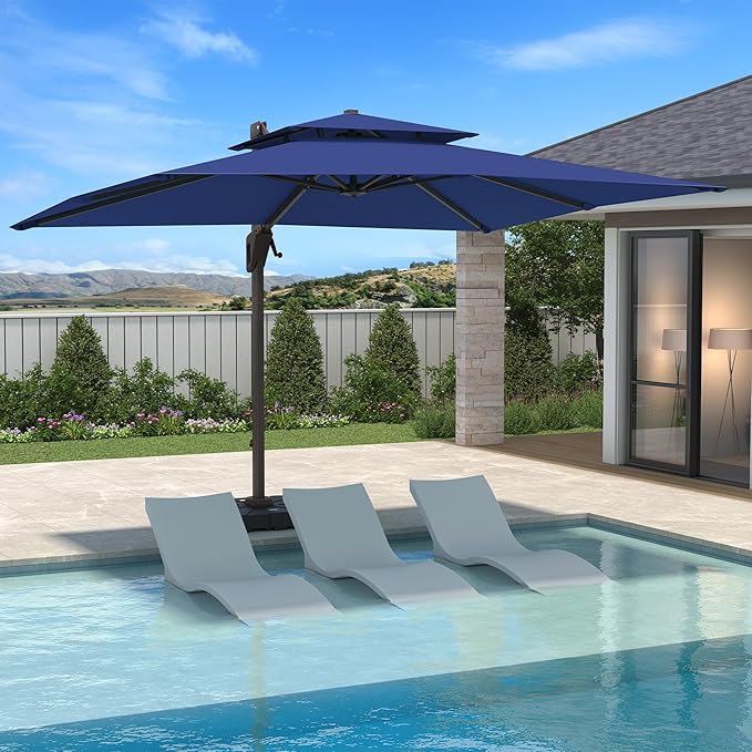 10 X 13 FT Cantilever Patio Umbrella with Base Included Outdoor Heavy Duty Double Top Windproof Rectangle Offset Umbrellas with 360-degree Rotation for Pool Deck Backyard, Navy