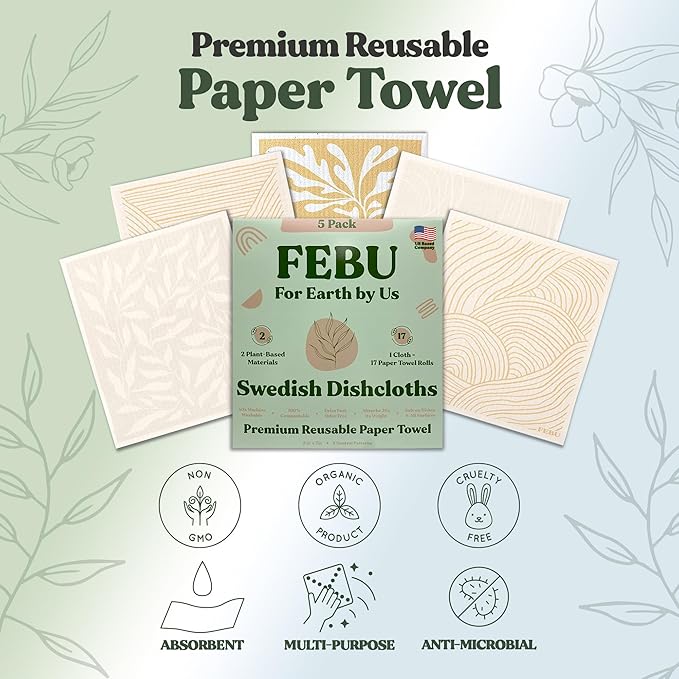 FEBU Swedish Dishcloths 5 Pack Neutral Washable Kitchen Dish Towels