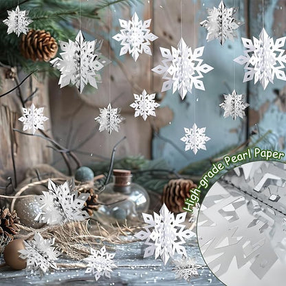OuMuaMua Winter Christmas Snowflake Decorations Indoor, 24PCS 3D Large White and Silver Snowflakes Hanging Ornaments for Home Xmas Christmas Holiday Winter Wonderland New Year Party Decorations