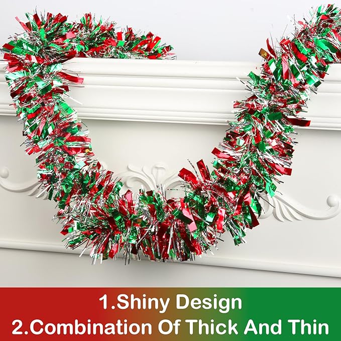 50 FT Christmas Tinsel Garland Metallic Tinsel Twist Shiny Christmas Tree Hanging Garland Decorations for Christmas Party Supplies Indoor and Outdoor Decoration (Red, Green and Silver)