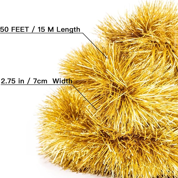 Jishi 50 FT Christmas Garland Gold Tinsel Garland Christmas Tree Decorations - Non-Lit Xmas Holiday Decor Outdoor Indoor Home Garden Outside Wedding Party Artificial Thick Gold Decorative Garland