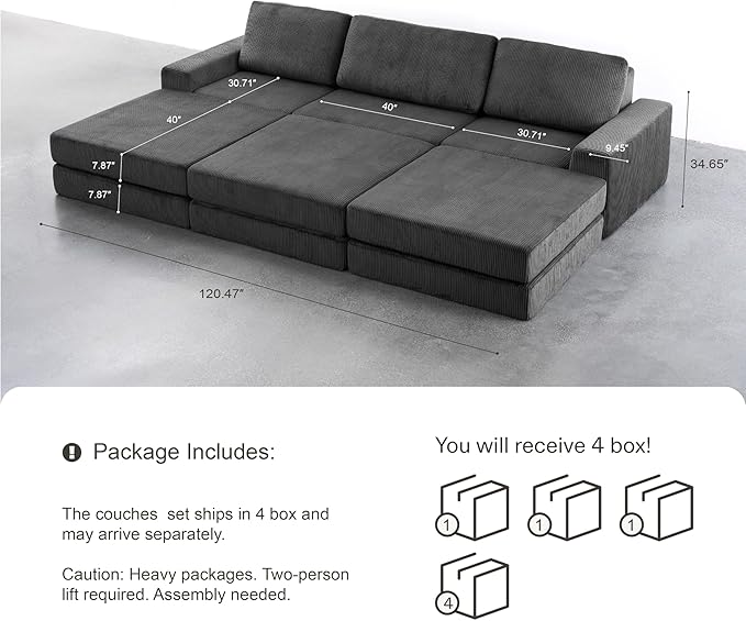 120.47‘’ Boneless Couch Cloud Modular Sectional Couches for Living Room, Oversize L-Shape Sofa with Deep Seat, Plush Corduroy 3-Seater with 3-Ottoman, No Assembly Required