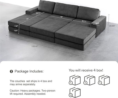 120.47‘’ Boneless Couch Cloud Modular Sectional Couches for Living Room, Oversize L-Shape Sofa with Deep Seat, Plush Corduroy 3-Seater with 3-Ottoman, No Assembly Required