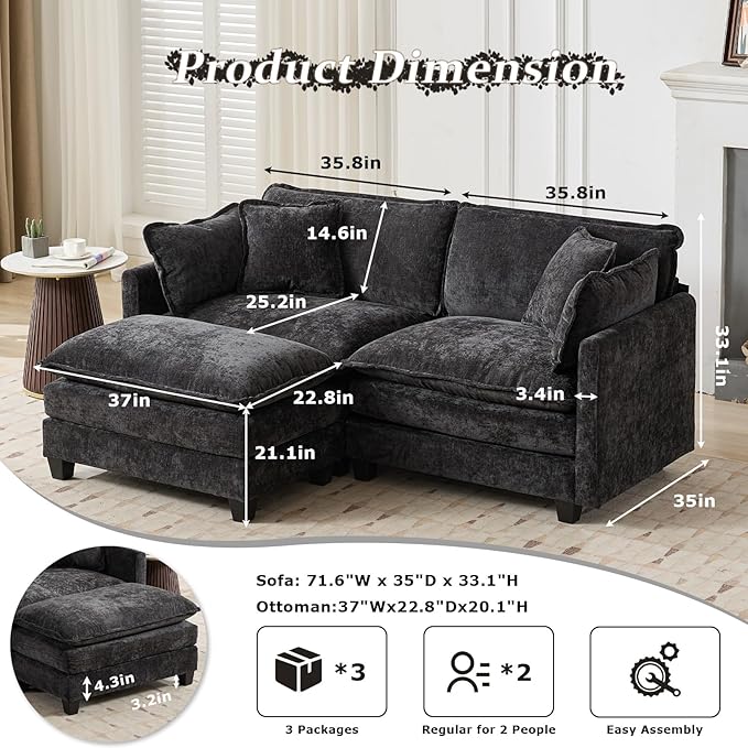 SoarFlash Chenille 71.6" Sectional Sofa, Comfy L Shaped Modular Coush Sofa with Ottoman, Modern 2 Seat Couch Deep Seat Sofa Set for Living Room,Black