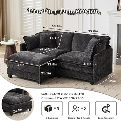 SoarFlash Chenille 71.6" Sectional Sofa, Comfy L Shaped Modular Coush Sofa with Ottoman, Modern 2 Seat Couch Deep Seat Sofa Set for Living Room,Black