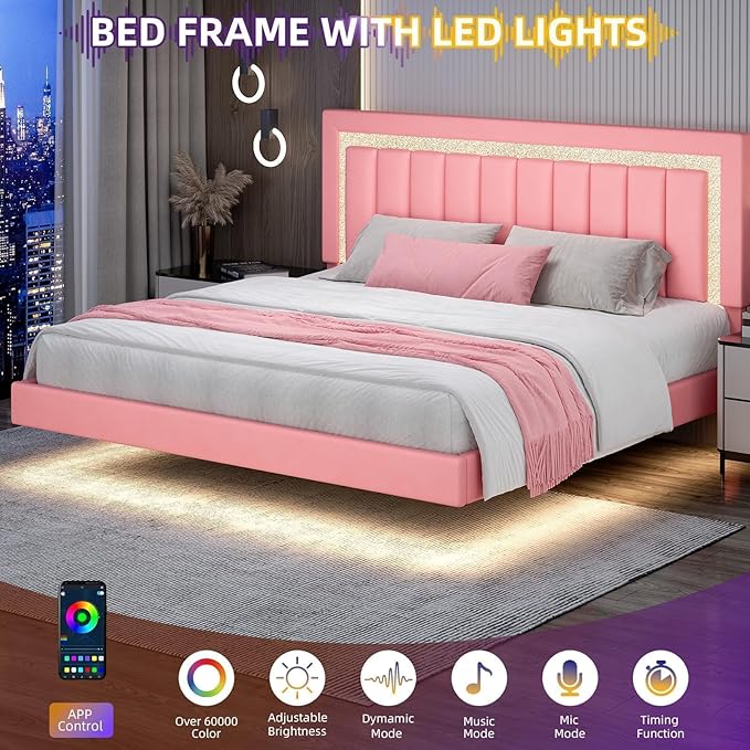 HOMBCK Floating Bed Frame King with Smart LED Lights, Faux Leather Upholstered Bed with Diamond PU Headboard, No Box Spring Needed, Noise-Free, Easy Assembly, Pink