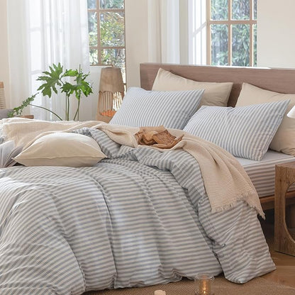 MooMee Striped Duvet Cover Set 100% Washed Cotton Linen Like Textured Breathable Durable Soft Comfy (Cornflower Blue White Classic Stripes, Oversized Full 82"x86")