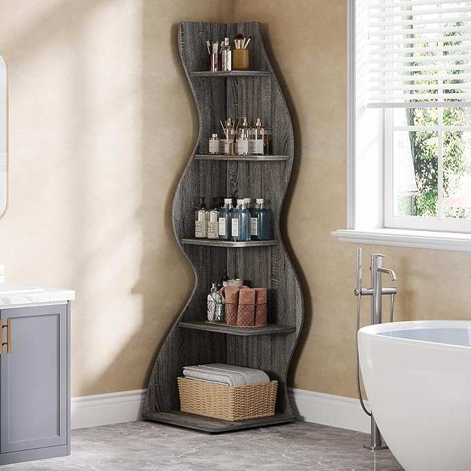 Tribesigns Wavy Corner Shelf, Modern 5-Tier Bookshelf Bookcase with Curvy Shape, Unique Plant Stand Display Rack for Living Room Small Space (Gray)