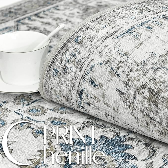 jinchan Vintage Floral Washable Area Rug 5x7 Non-Slip Low Pile Carpet, Blue Multi