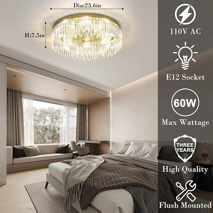 24in Gold Crystal Chandeliers Flush Mount Ceiling Light, 8 Lights Modern Crystal Ceiling Light, Large Round Chandelier Lighting Fixture for Dining Room Living Room Bedroom Kitchen
