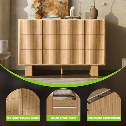 Fluted Dresser for Bedroom with 6 Drawers,47" Wide Modern Chest of Drawers with Wooden Handle, Wooden Dresser TV Stand, Wood Closet Clothes Storage Organizer for Living Room, Hallway, Light Oak