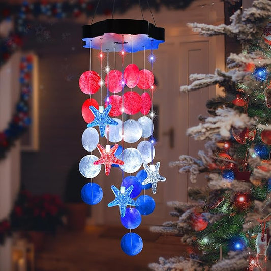 Solar Shell Gift for Mom Grandma Girls, Christmas Red White Blue Solar Wind Chimes for Outside, Christmas Decorative Mobile Lights for Garden, Yard, Patio, Window, Party, Outdoor Decorations