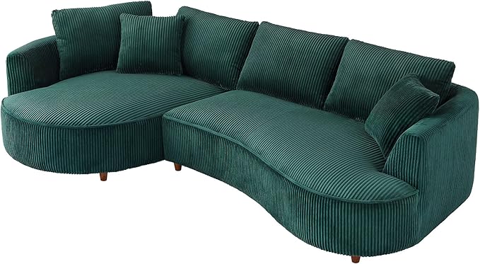 WILLIAMSPACE 122" Modern Curved Sofa, Upholstery Oversized Cloud Sofa With Chaise & Pillows, Left Hand Facing Sectional for Living Room (Left-Facing, Green Corduroy)