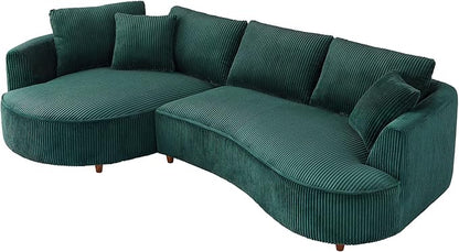 WILLIAMSPACE 122" Modern Curved Sofa, Upholstery Oversized Cloud Sofa With Chaise & Pillows, Left Hand Facing Sectional for Living Room (Left-Facing, Green Corduroy)