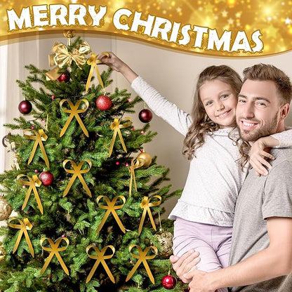 12 Pcs 2025 Metal Christmas Bow Ornaments for Christmas Tree Garland Wreath Bulk Bow with Clip Ornament Vintage Indoor Outdoor Home Xmas Party Decorations, 4 x 5 Inches (Gold)