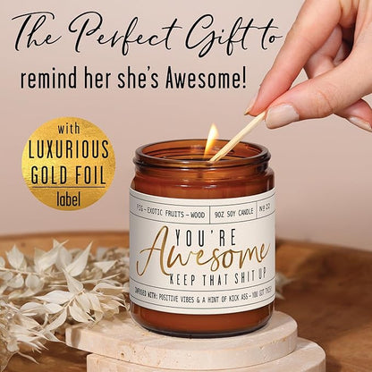Inspirational Gifts for Women, Thank you Gifts for Women -'You're Awesome' Candle Fig & Amber I Anniversary, Friendship, Graduation, Birthday Gift for Best Friend, Mom, Coworker, Girlfriend I USA Made