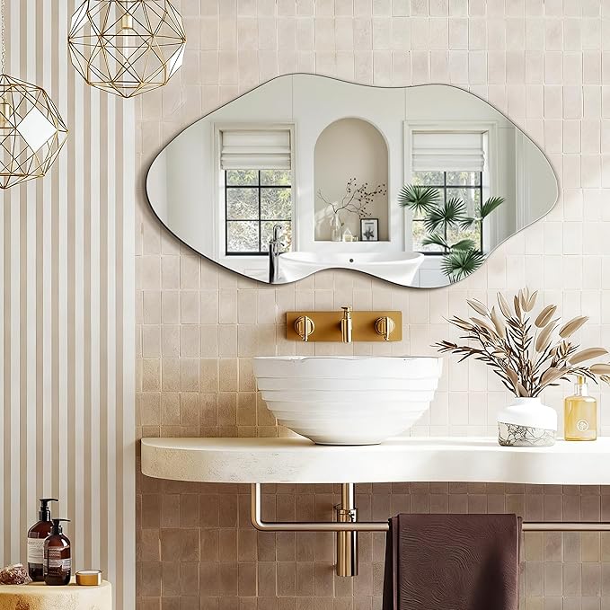 FICTOR Irregular Asymmetrical Wall Mirror, 36" x 19" Modern Decorative Mirror for Entryway, Bathroom, Bedroom, Living Room, Dining Room