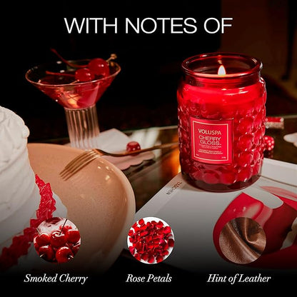 Voluspa Cherry Gloss Large Jar Candle, 18 oz, Coconut Wax Blend, Scented Candles for Home, 100 Hour Burn Time, Fruity Candle, Handcrafted in The USA