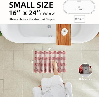 Waffle Bath Mat, Boho Bathroom Rugs Non Slip Washable Absorbent Checkered Bathroom Mat Quick Dry Cute Bath Mat, 24"x16" Red and White