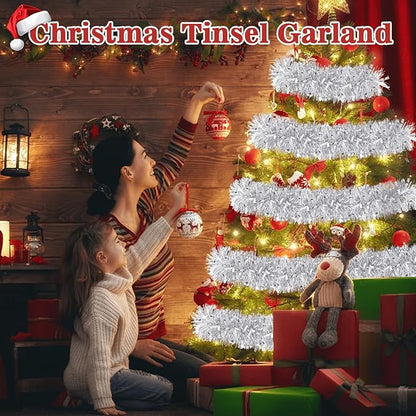 50 Feet Christmas Tinsel Garland Metallic Twist Shiny Garland for Xmas Christmas Tree Decorations,Holiday Home Party Supplies Indoor Outdoor Decor (Silver)
