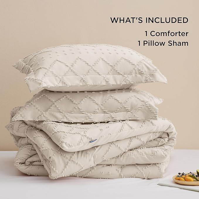Bedsure Twin Comforter Set - Beige Comforter, Boho Tufted Shabby Chic Bedding for Kids, 2 Pieces Vintage Farmhouse Bed Set for All Seasons, Fluffy Soft Bedding with 1 Pillow Sham
