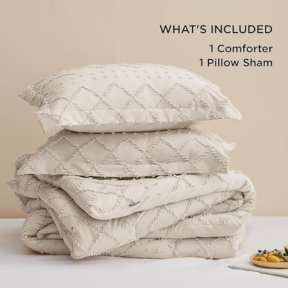 Bedsure Twin Comforter Set - Beige Comforter, Boho Tufted Shabby Chic Bedding for Kids, 2 Pieces Vintage Farmhouse Bed Set for All Seasons, Fluffy Soft Bedding with 1 Pillow Sham