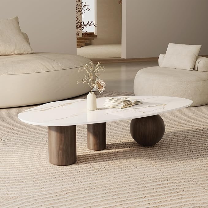 Modern Oval Coffee Table for Living Room, 54" Sintered Stone Cloud Coffee Tabletop with 3 Metal Legs, Minimalist Living Room Table Tea Table Center Table for Home Office